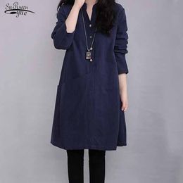 Autumn A-line Mid-length Cotton Linen Casual Dress for Women Loose Solid Button Splicing Long Sleeve Robe Femme 12676 210521