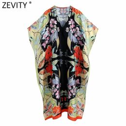 Women Vintage V Neck Position Floral Print Loose Midi Dress Female Chic Batwing Sleeve Side Split Kimono Vestidos DS8267 210420