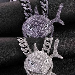 Men'S Hip Hop Crystal 6IX9INE Shark Pendant Necklace With 13mm Iced Out Rhienstone Miami Cuban Chain Choker Gothic Jewelry X0509