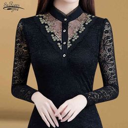 Spring Autumn Lace Women's Top Chemisier Femme Thin Black Slim Korean Base Coat Long Sleeve Stand Collar Shirt 12980 210521