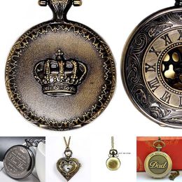 Bronze Pocket watch Retro Hollow Heart Star Love Mom Dad Crown Roman numbers Pocket Watches pendant Fashion jewelry will and sandy