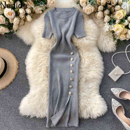 Neploe Knitted Dress Women Fashion Single Breasted O Neck Ladies Vestido Elegant Short Sleeve Slim Stretch Waist Bodycon Dresses 210423