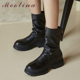 Genuine Leather Platform Flats Mid Calf Boots Women Shoes Round Toe Pleated Zipper Fashion Female Autumn Winter 40 210517