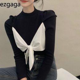 Ezgaga Knitted Tops Women Turtleneck Slim Black Base Autumn Winter Bow Lace Up Korean Chic Elegant Sweater Pullover Female Sweet 210430