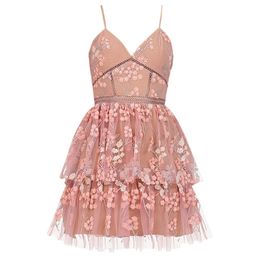 arrive Pink Floral-embellished Lace Dress Spaghetti Strap Backless Layered mesh Mini Women 210525