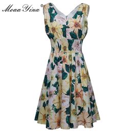 Summer Women's Dress V-neck Camellia Floral-Print Elastic waist Cotton Dresses Fashion Designer Female dress 210524