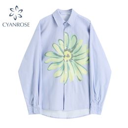 Chrysanthemum Print Casual Loose Shirt Autumn Korean Long Sleeve Turn Down Collar Button Up Shirt Blouse Femme Tops 210417