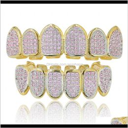 Grillz Dental Grills Authentic Goldplated Microinlaid Hip Hop Teeth Pink Zircon Bracket Big Gold Tooth Jewelry Fpykg Njlqt