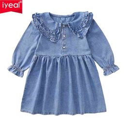 IYEAL Baby Girls Kid Denim Embroidery Peter pan Collar Long Sleeve Dresses Toddler Baby Kids Girls Clothes for 3-12 Years 210331
