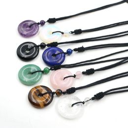 Pendant Necklaces FYSL Ethnic Style Many Colors Quartz Stone Round Hollow Rope Chain Necklace Handmade Weave Jewelry