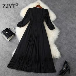Elegant Spring Empire Long Chiffon Pleated Dress Solid Black Robe Femme Women High Quality Clothes Celebrity Party Vestidos Lady 210601