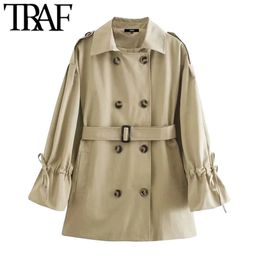 Women Fashion With Belt Double Breasted Trench Coat Vintage Long Sleeve Drawstring Female Outerwear Chic Overcoat 210507
