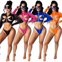 Zoctuo Hollow Out Club 2 Piece Set Summer Long Sleeve Women'S Set Outfits Zipper Tops Underpants Fashion Sexy Two Piece Set X0428