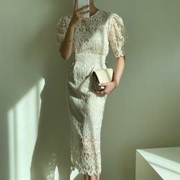Women High Waist Lace Crochet Split Dress Round Neck Half Puff Sleeve Fashion Spring Autumn 2F0365 210510