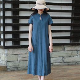 Johnature Summer Simple Retro Stand Plate Buckle Short Sleeve Cotton Linen Dress Loose Comfortable 2 Color Women Dress 210521