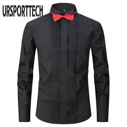 URSPORTTECH Men's Shirt Solid Colour Black Performance Shirts Mens Long Sleeve Stage Party Chorus Dress Shirt With Host Bow Tie 210528