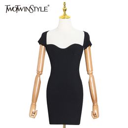 Knitting Slim Dress For Women Square Collar Short Sleeve High Waist Solid Dresses Female Fashion Summer 210520