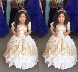 2022 Puffy White Gold Embroidered Mini Pageant Quinceanera Dresses Toddlers With Jacket Ruffle Satin Ball Gown Communion Dress