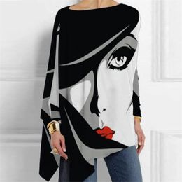 Spring And Autumn Abstract Character Printed T-Shirt Ladies Round Neck Long Sleeve Irregular Top Casual Women Large Size Women 210401