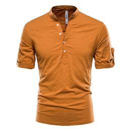 AIOPESON Stand Collar T-Shirt Men Solid Colour 100% Cotton Middle Sleeve Men's T Shirts Summer Quality Casual Tee Shirt Male 210707