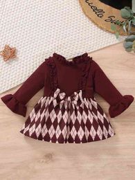 Baby Argyle Print Flounce Sleeve Ruffle Trim Bow Front Dress SHE