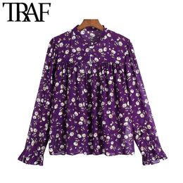 TRAF Women Fashion With Buttons Floral Print Loose Blouses Vintage Long Sleeve Ruffled Female Shirts Chic Tops 210415