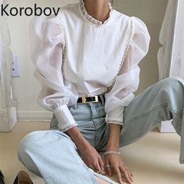 Korobov Elegant Puff Sleeve Blouse Women See Through Stand Collar New Chic Blusas Femme Korean Style Shirts Female Vintage 2D612 210430