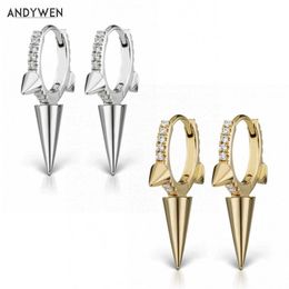 ANDYWEN 925 Sterling Silver 8MM Triple Long Spike Clicker Crystal CZ Zircon Hoops Clis Loops Earring For Women 210608