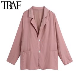 TRAF Women Fashion Button-up Loose Blouses Vintage Notched Collar Long Sleeve Female Shirts Blusas Chic Tops 210415