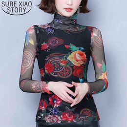 Fashion Korean Casual Blouses Elegant Tops Slim Fit Printed Women Clothing Long Sleeve Turtleneck 6121 50 210415