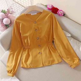 Fashion Ladies Spring Summer Solid Blouse Button Long Sleeve Casual Lace Up Draw Back Chic Women's 210520