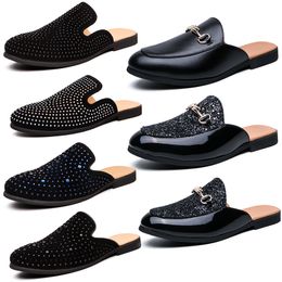 Luxury Brand Designer mens Slippers rhinestones Princetown Loafers Genuine leather Flats Mules Classic Casual shoes Slipper black slip-on shoes Slides