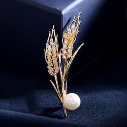 2021 Arrival Fashion Golden Wheat Ears Brooch Sparkling Cubic Zirconia Brooches For Womens Clothing Accessories