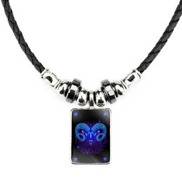Punk Rock Fashion Blue Zodiac Pattern 12 Constellation Pendant Necklaces Vintage Black Leather Cord Necklaces for Men Women