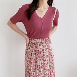 Casual Sexy Knitted Tops Solid All Match Slim Chic Loose Basic Girls V-Neck Brief Thin Summer Tee T-Shirts 210421