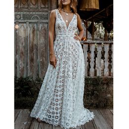 Summer Vintage Women Maxi Party Floor Length Sexy Backless White Lace Long Tunic Beach Dress 210415