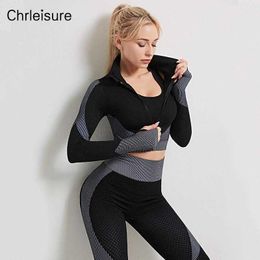 2 Piece Sets Womens Outfits Fitness Long Sleeve Tops Seamless High Waist Leggings Stripped Zipper Tracksuit Women Y0625