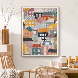 Colourful House Vintage Poster City Landscape Scandinavian Nordic Art Canvas Print Painting Wall Picture Modern Home Decoration