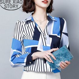 Fashion Chiffon Blouse Print Striped Women's Tops Blouses Plus Size Long Sleeve Women Shirts Blusas 2231 50 210415