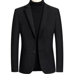 Classic Black Wool Blend Business Blazer Dress Suit Winter Brand 2 Button Luxury Woolen Blazers Men Tweed Suit Jacket 210522