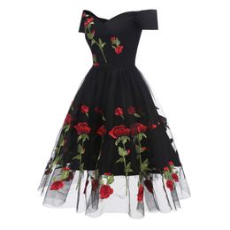 Women Dress Hand Embroidered rose lace Flowers and Maple Leaf Design Dotted Puffy Party Costume