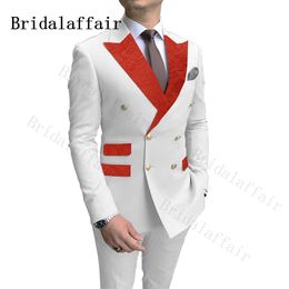 Bridalaffair Design Double Breasted Men Suits White with Red Paisley Peaked Lapel Blazer Best Man Ring Boy Wedding Party Tuxedos X0909