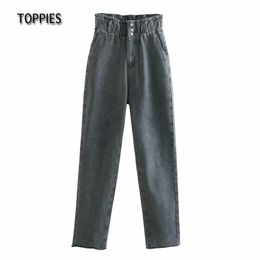 Toppies Grey Paperbag Denim Pants Woman Overlength Jeans Elastic High Waist Trousers Streetwear 210412