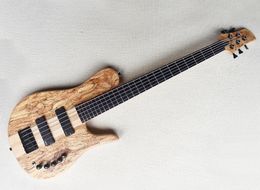 5 Strings Neck-thru-body Electric Bass Guitar with Spalted Maple Veneer,Rosewood Fretboard,24 Frets,Natural Wood Color