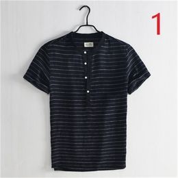 Thin section round neck short-sleeved linen shirt men's summer striped self-cultivation stand collar half sleeve breathable casu 210420