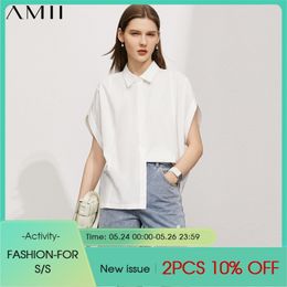 Minimalism Summer Women's Shirt Fashion Offical Lady Solid 100%Cotton Lapel Loose White Tops 12140550 210527