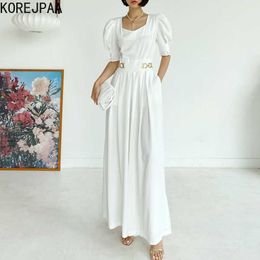 Korejpaa Women Jumpsuits Korea chic French temperament square collar pleated metal ring buckle bubble sleeve jumpsuit 210526