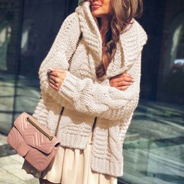 Design Women Autumn Winter Twist Zipper Hooded Sweater Coat Knitted Cardigan Jacket Oversized Long Lantern Sleeve Outwear