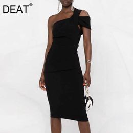 [DEAT] Spring Summer Fashion Diagonal Collar High Waist Knee-length Sleeveless Solid Color Dress Women 13Q406 210527