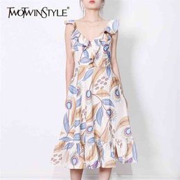 Elegant Print Midi Dress For Women O Neck Sleeveless High Waist Patchwork Ruffle Summer Dresses Female Fashion 210520